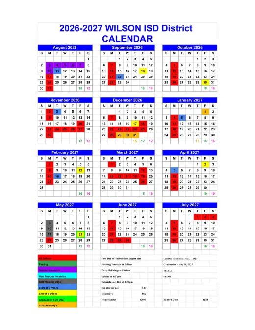 Wilson ISD 2026–2027 Academic Calendar Page 1