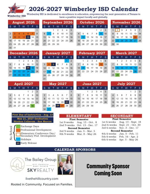 Wimberley ISD 2026–2027 Academic Calendar Page 1