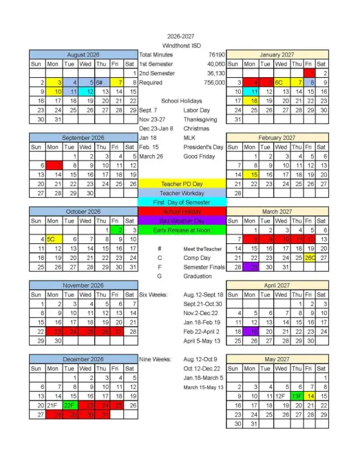 Windthorst ISD 2026–2027 Academic Calendar Page 1