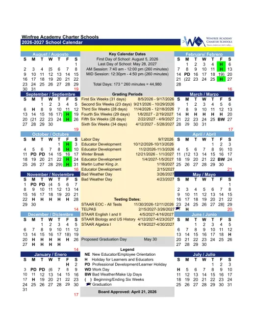 Winfree Academy Charter Schools 2026–2027 Academic Calendar Page 1