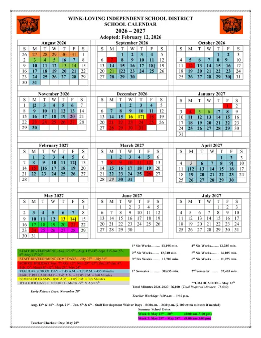 Wink-Loving ISD 2026–2027 Academic Calendar Page 1