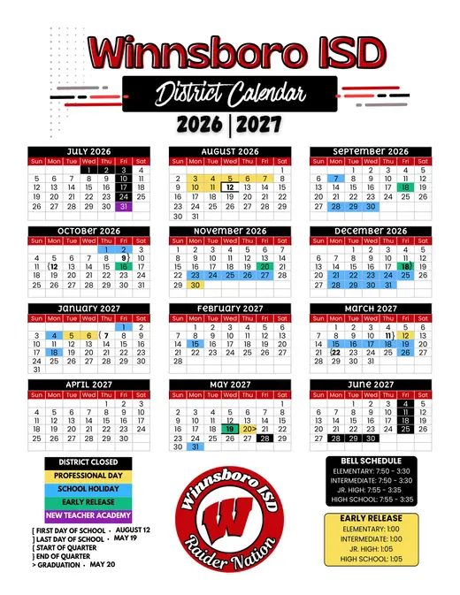 Winnsboro ISD 2026–2027 Academic Calendar