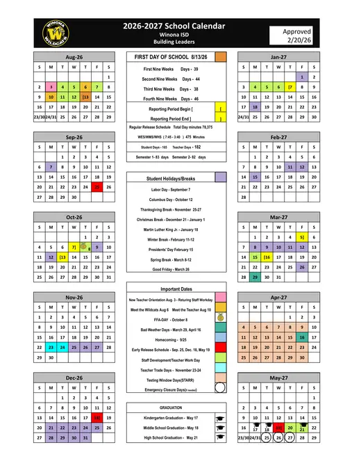 Winona ISD 2026–2027 Academic Calendar