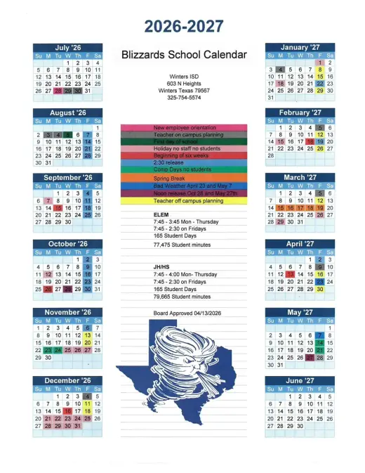 Winters ISD 2026–2027 Academic Calendar Page 1