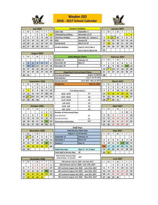 Woden ISD 2026–2027 Academic Calendar Page 1