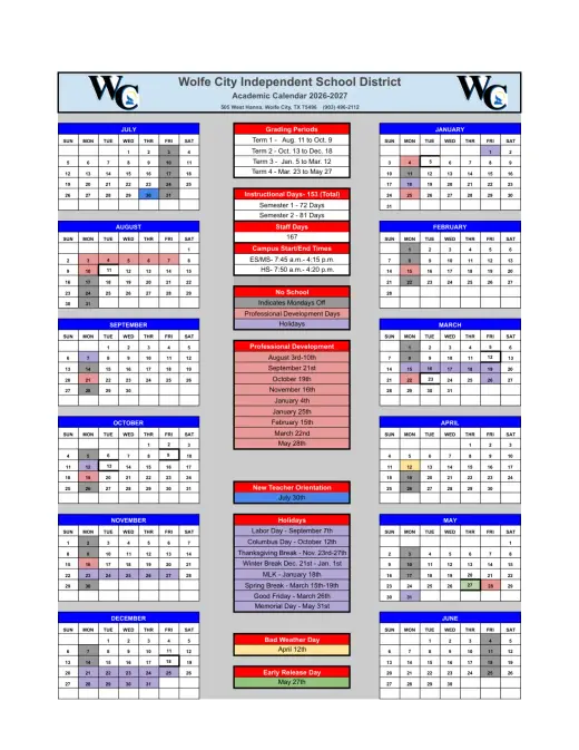 Wolfe City ISD 2026–2027 Academic Calendar Page 1
