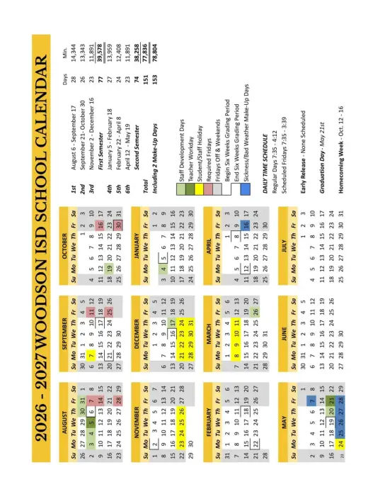 Woodson ISD 2026–2027 Academic Calendar Page 1