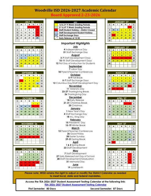 Woodville ISD 2026–2027 Academic Calendar Page 1