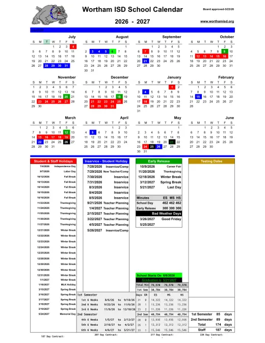 Wortham ISD 2026–2027 Academic Calendar Page 1