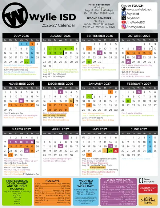 Wylie ISD 2026–2027 Academic Calendar