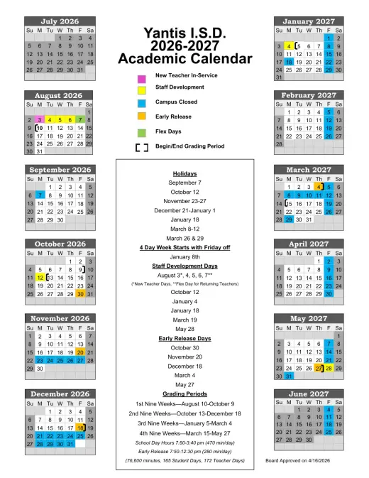 Yantis ISD 2026–2027 Academic Calendar Page 1