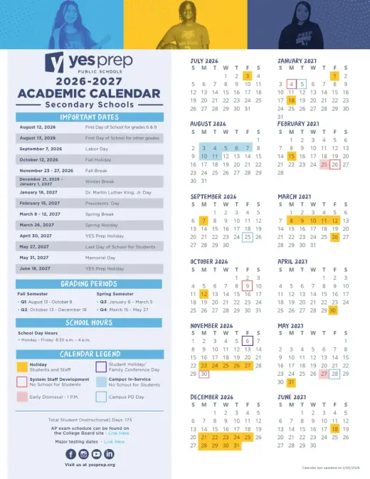YES Prep Public Schools Inc 2026–2027 Academic Calendar Page 2