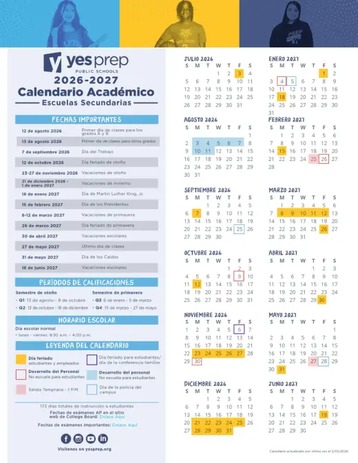 YES Prep Public Schools Inc 2026–2027 Academic Calendar Page 3