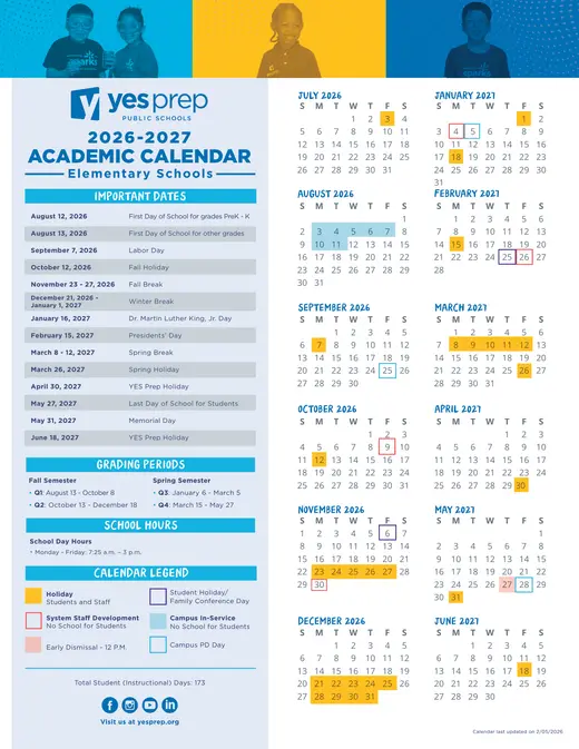 YES Prep Public Schools 2026–2027 Academic Calendar Page 1