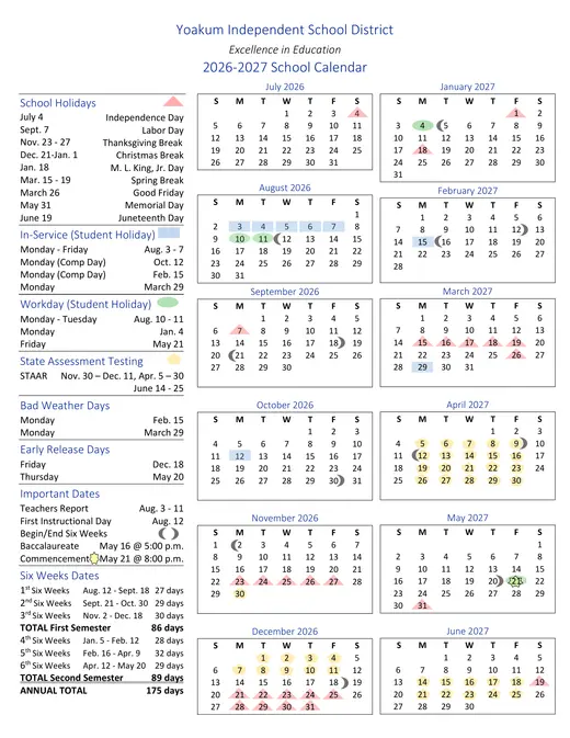Yoakum Independent School District 2026–2027 Academic Calendar