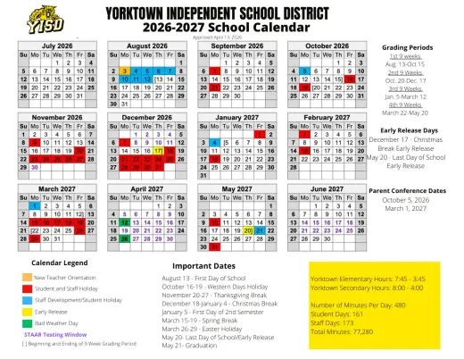 Yorktown ISD 2026–2027 Academic Calendar Page 1