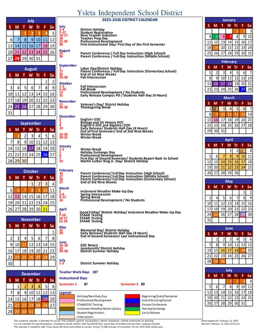 Ysleta Independent School District 2025–2026 Academic Calendar Page 1