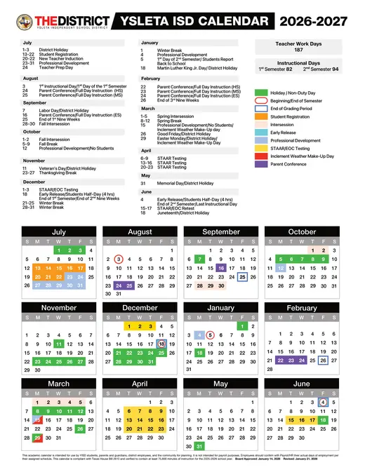 Ysleta Independent School District 2025–2026 Academic Calendar Page 2