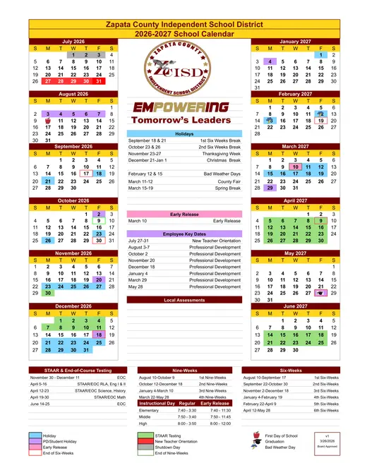 Zapata County Independent School District 2026–2027 Academic Calendar