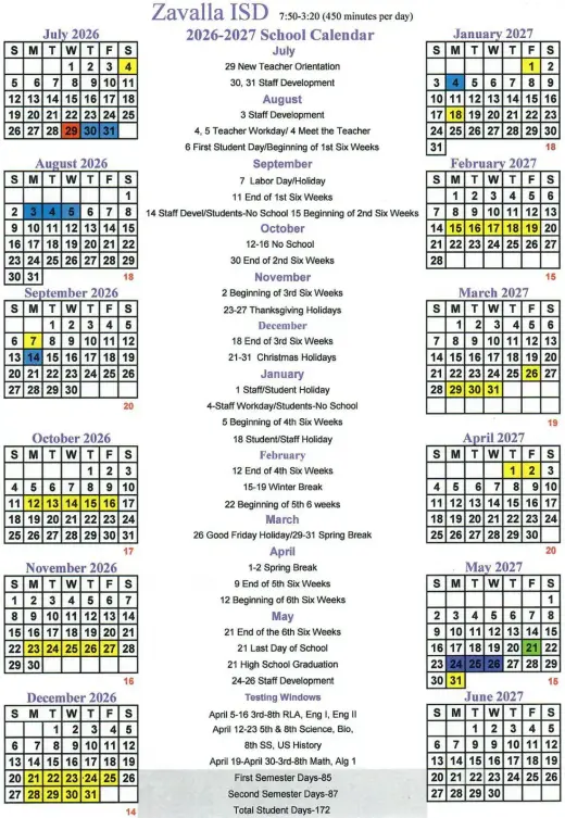Zavalla ISD 2026–2027 Academic Calendar Page 1