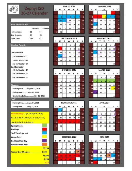 Zephyr ISD 2026–2027 Academic Calendar Page 1