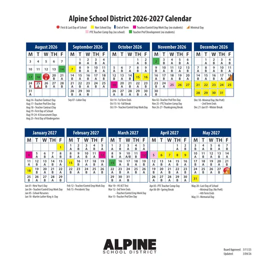 Alpine School District 2026–2027 Academic Calendar