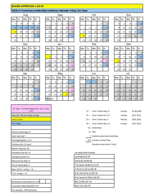 American Leadership Academy 2026–2027 Academic Calendar Page 2