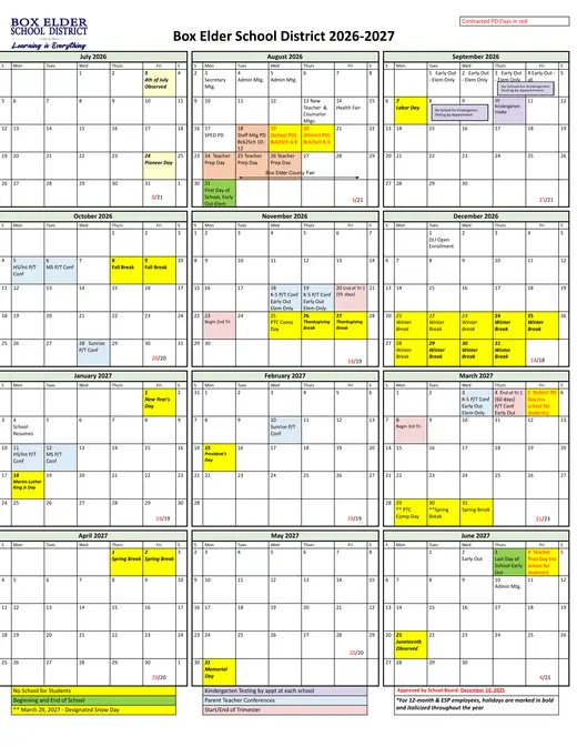 Box Elder School District 2026–2027 Academic Calendar
