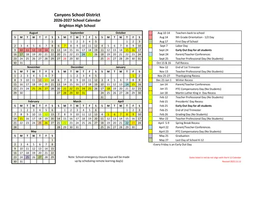 Brighton High School 2026–2027 Academic Calendar