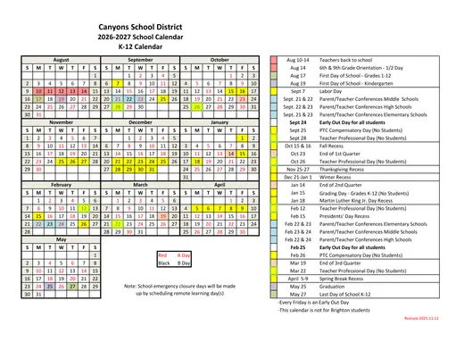 Canyons School District 2026–2027 Academic Calendar