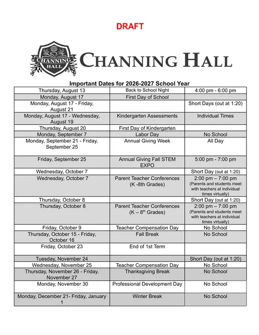 Channing Hall 2026–2027 Academic Calendar Page 1