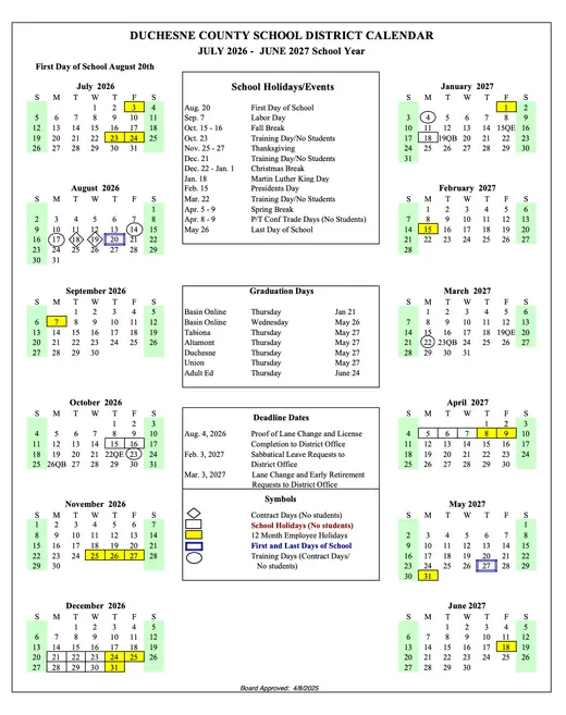 Duchesne County School District 2026–2027 Academic Calendar Page 1