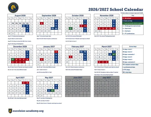 Excelsior Academy 2026–2027 Academic Calendar Page 1