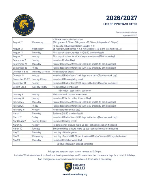 Excelsior Academy 2026–2027 Academic Calendar Page 2