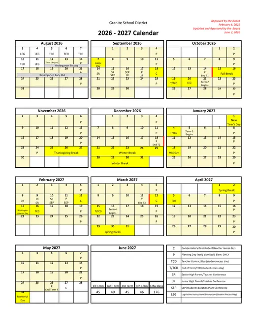 Granite School District 2026–2027 Academic Calendar Page 1