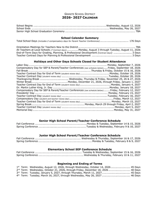 Granite School District 2026–2027 Academic Calendar Page 2
