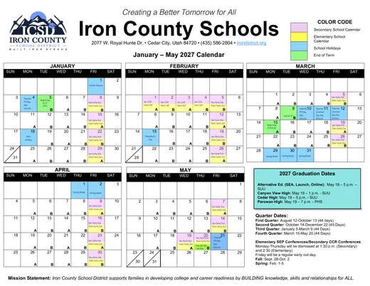 Iron County Schools 2026–2027 Academic Calendar Page 1