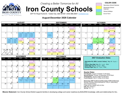 Iron County Schools 2026–2027 Academic Calendar Page 2
