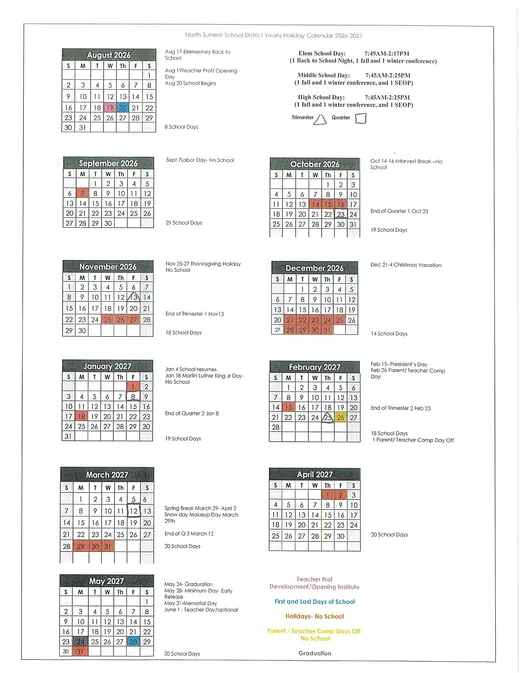 North Summit School District 2026–2027 Academic Calendar