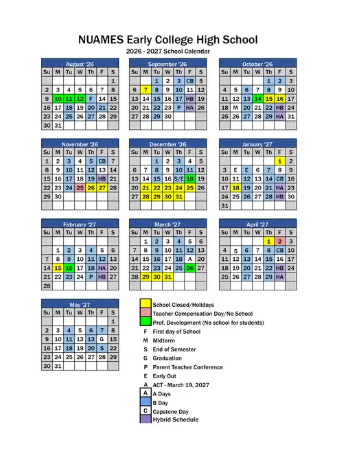 NUAMES Early College High School 2026–2027 Academic Calendar