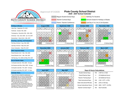 Piute County School District 2026–2027 Academic Calendar Page 1