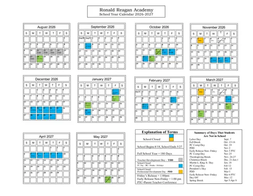 Ronald Reagan Academy 2026–2027 Academic Calendar