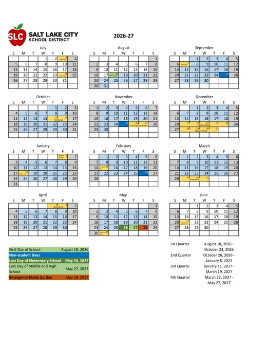 Salt Lake City School District 2026–2027 Academic Calendar