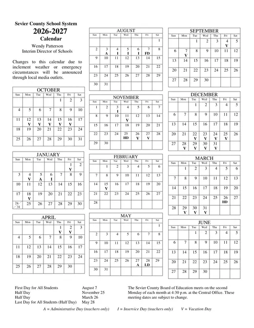 Sevier County School System 2026–2027 Academic Calendar Page 1