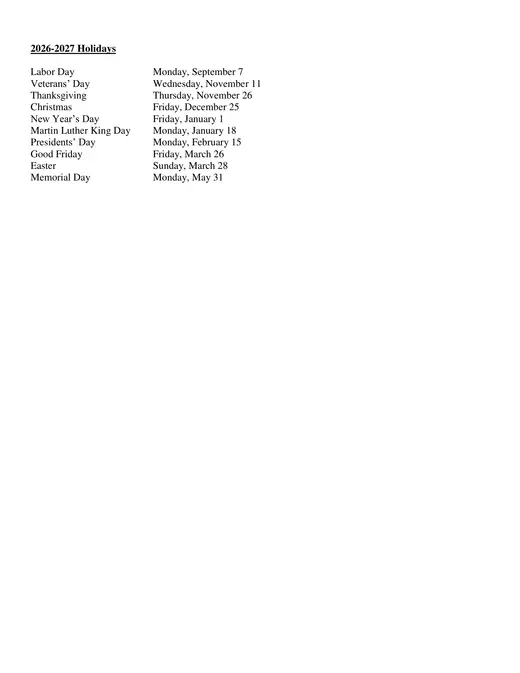Sevier County School System 2026–2027 Academic Calendar Page 2