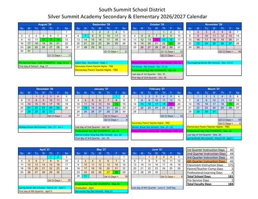 Silver Summit Academy Secondary &amp; Elementary 2026–2027 Academic Calendar