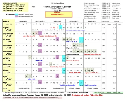 South Sanpete School District 2026–2027 Academic Calendar