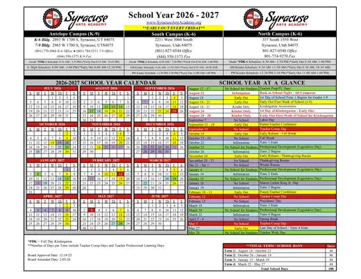 Syracuse Arts Academy 2026–2027 Academic Calendar