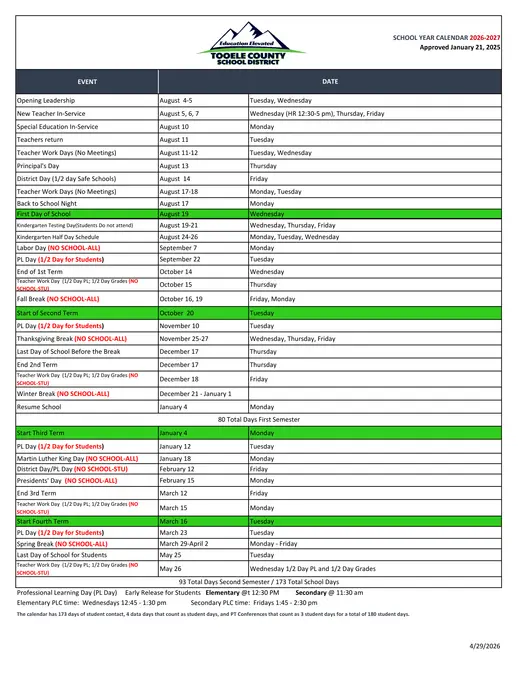 Tooele County School District 2026–2027 Academic Calendar