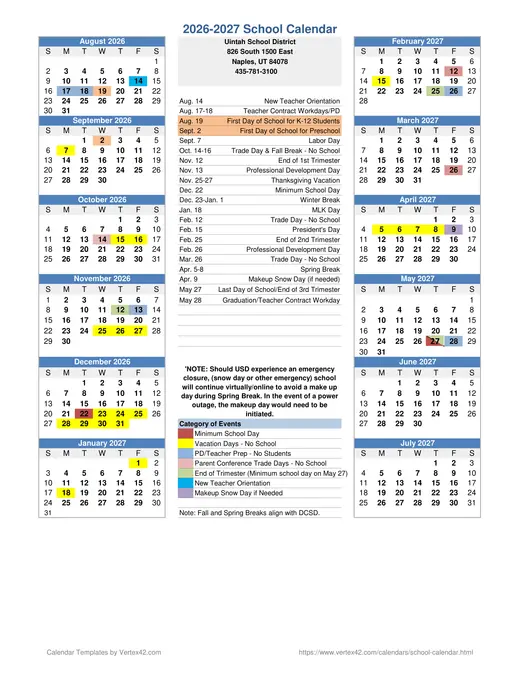 Uintah School District 2026–2027 Academic Calendar